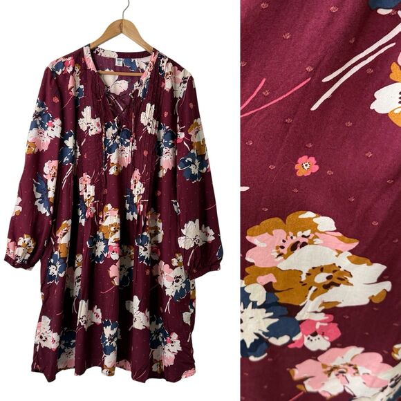 Old Navy Dresses & Skirts - Old Navy Floral Swing Dress Womens 2XL Lace Up Pintucked Burgundy Boho Flowy